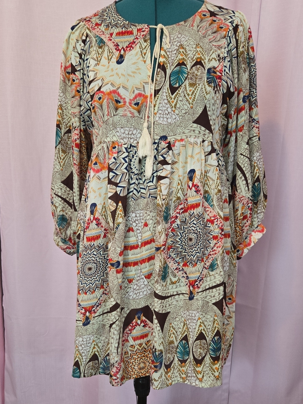 Umgee Boho Print Tie-Neck Women’s Dress or Tunic in Cream and Teal